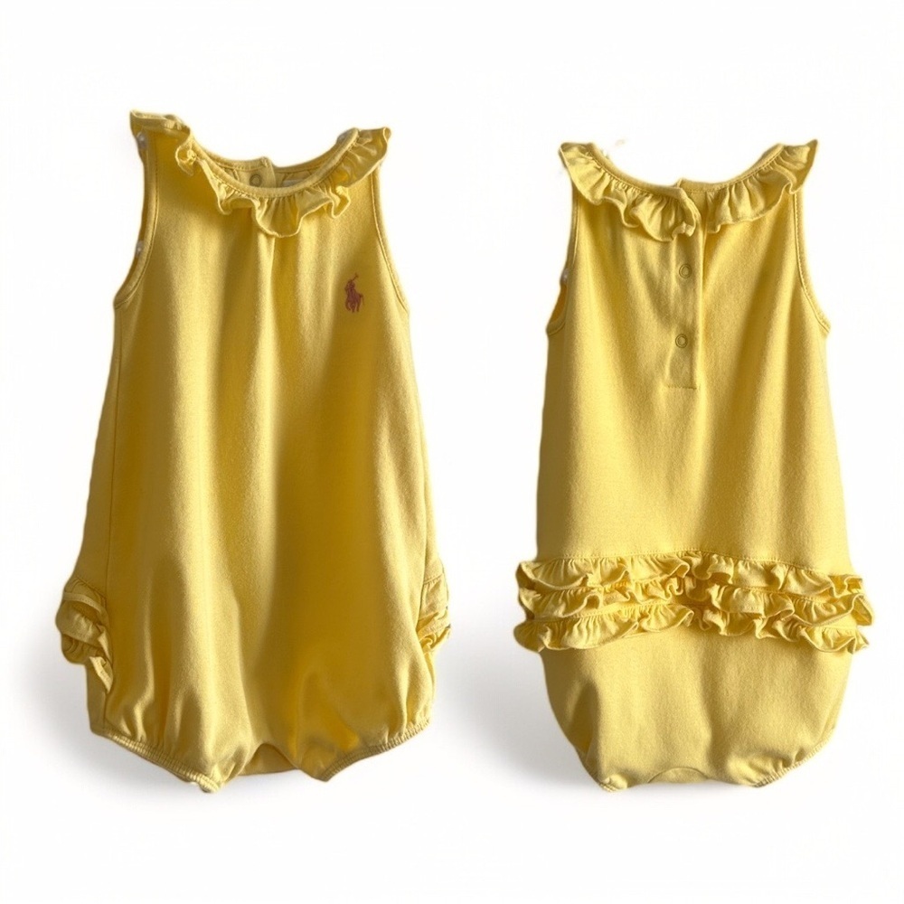 Y2K Ralph Lauren Baby Girl Yellow Ruffled Bubble Ruffle Romper Pink Logo